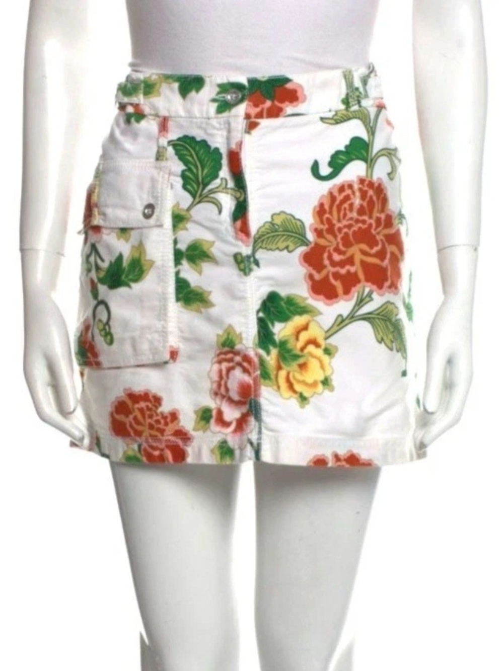 Dolce & Gabbana White Floral Cargo Mini Skort with Red-Orange & Yellow Blooms